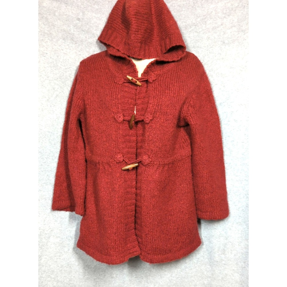 Hooded Cardigan Sweater Women L Wool Blend Wine Wood Toggles Farm House Chic